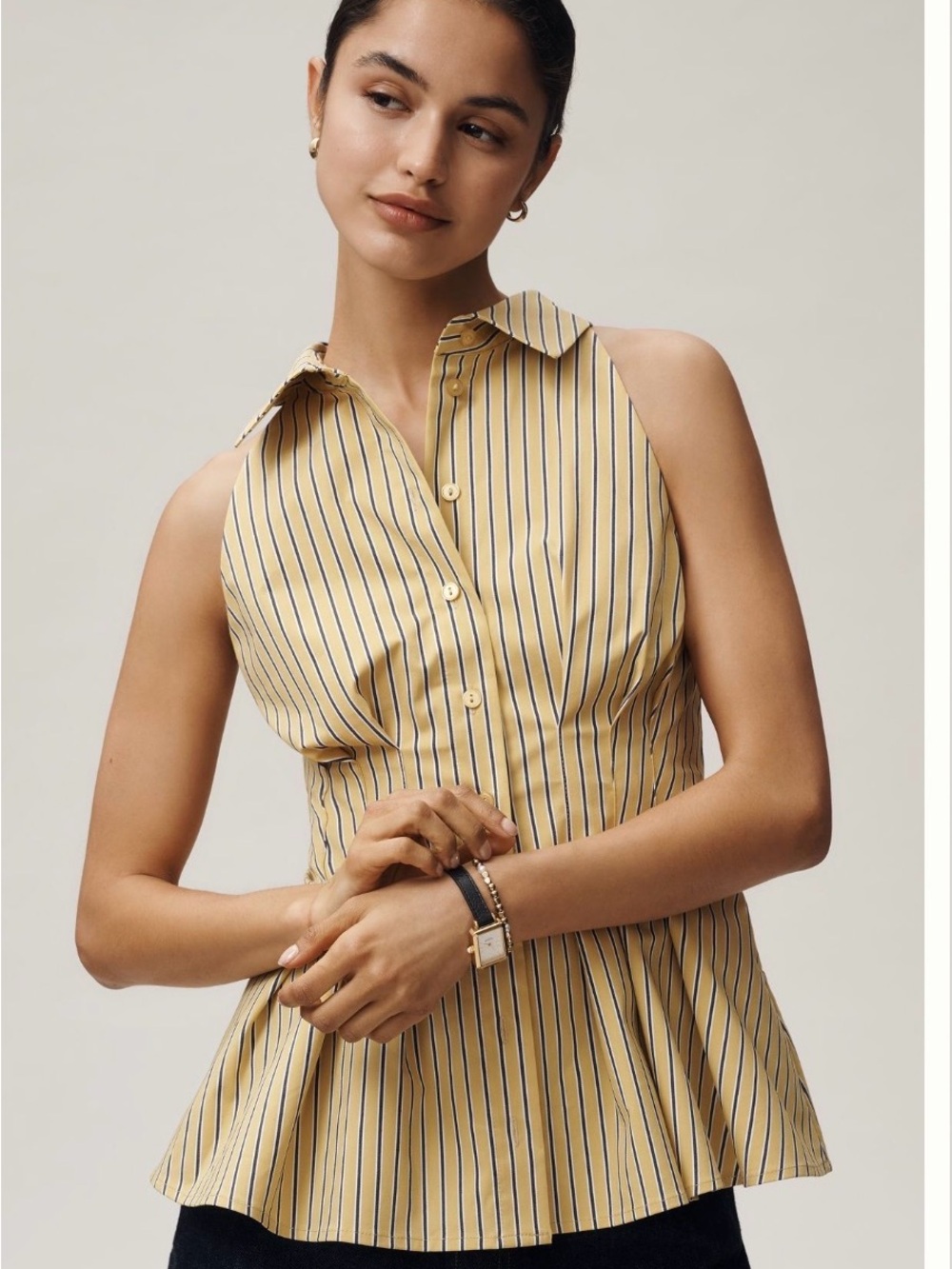 Striped Yellow Button-Front Peplum Camisole From Anthropologie